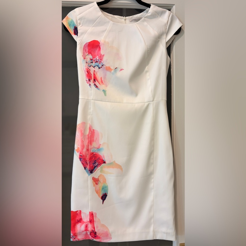 Floral Print White Dress, never worn. Brilliant floral accents